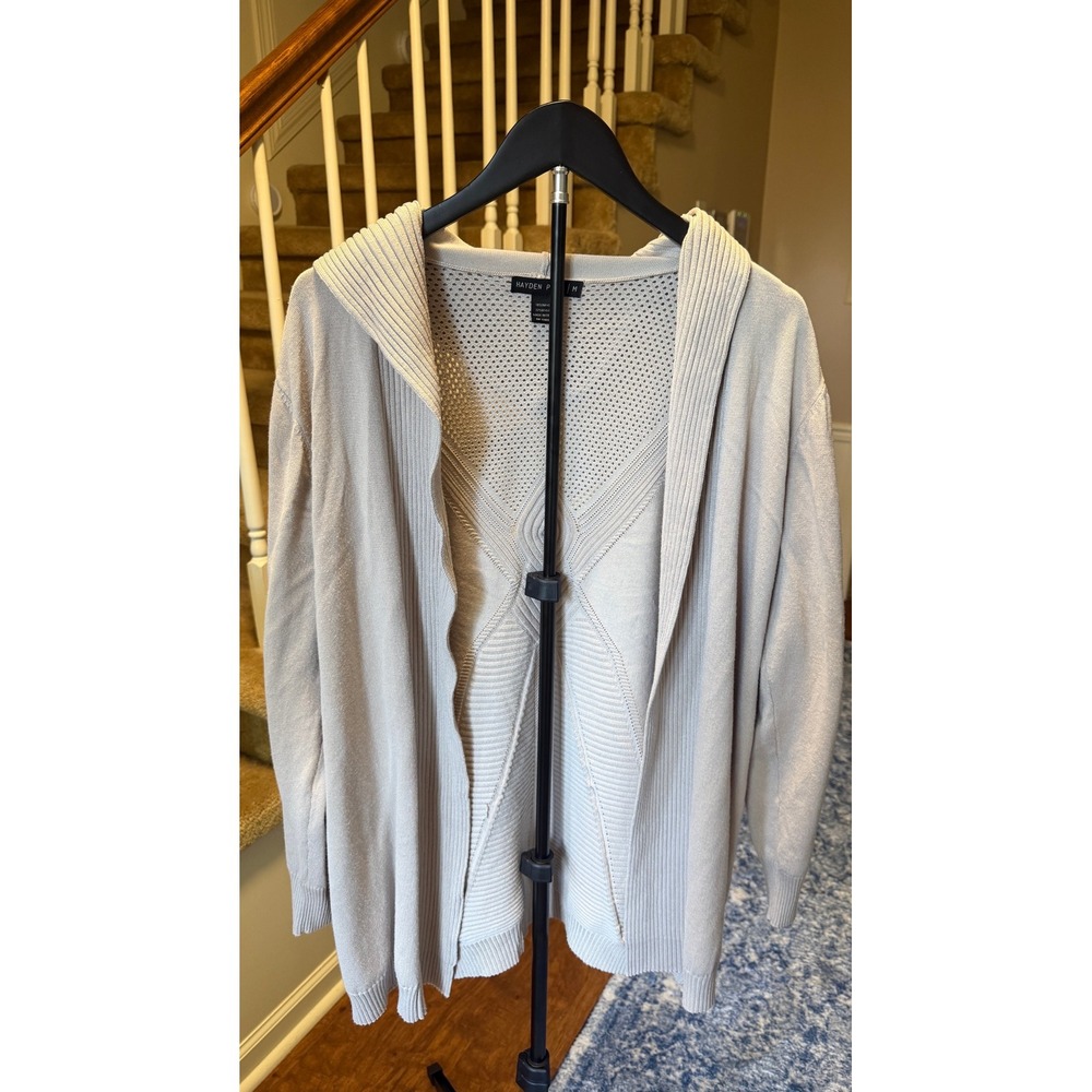 Hayden Park Women Beige Open Front Hooded Cardigan Pointelle Knit Sweater Medium